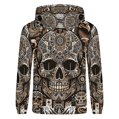 Skull Totem poly french terry hoodie by Loud and Lethal featuring intricate tribal skull and totem designs in brown and black
