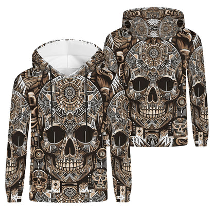 Skull Totem poly french terry hoodie from Loud and Lethal with intricate unisex skull and totem design