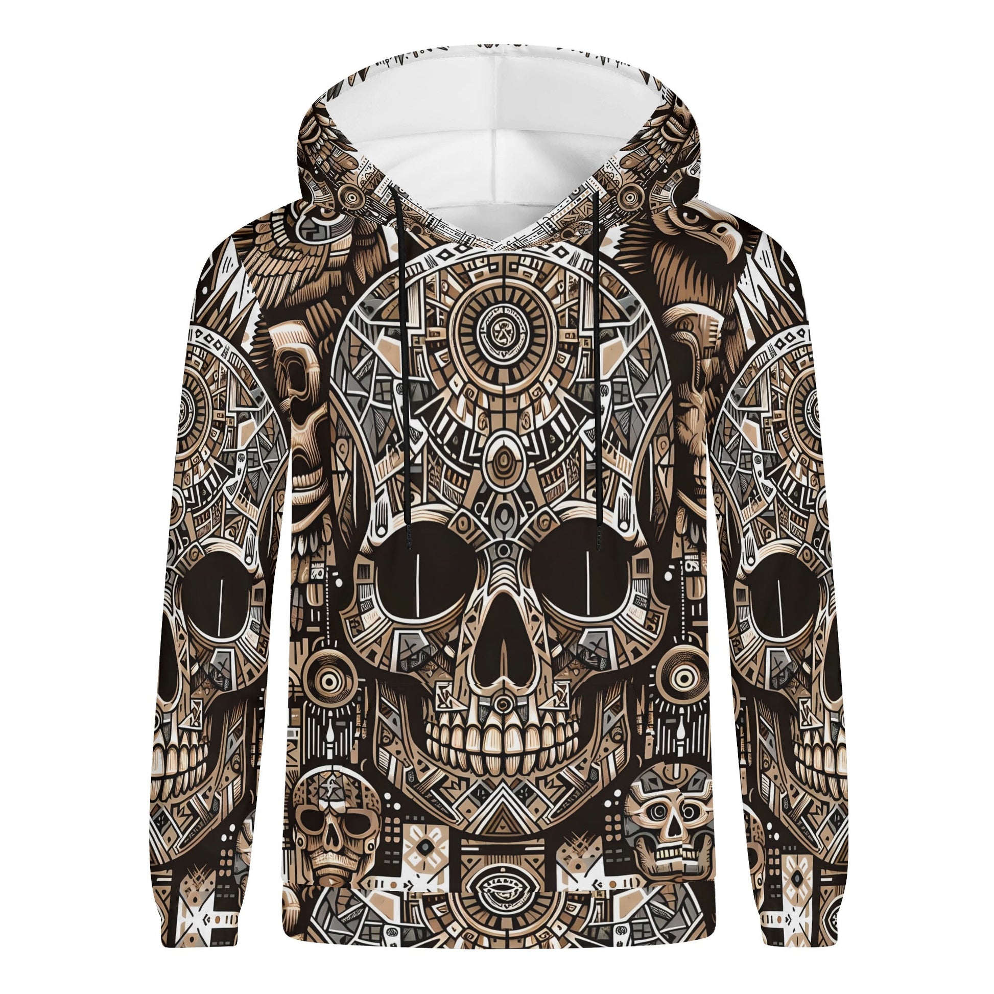 Skull Totem poly french terry hoodie by Loud and Lethal with intricate skull and totem design in brown and black