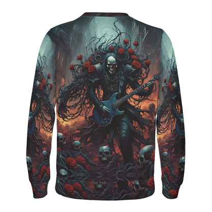A Punk Rock Odyssey Poly French Terry Sweatshirt unisex sweater with skull guitarist red roses and dark forest art