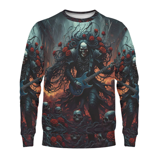 A Punk Rock Odyssey Poly French Terry Sweatshirt. Loud and Lethal unisex sweater with skull guitarist and red roses