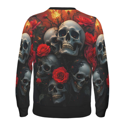 A Skulls Dance Cotton Terry Sweatshirt unisex sweater by Loud and Lethal with allover skulls and red roses design