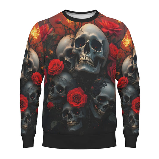 Loud and Lethal unisex sweater with skulls and red roses print A Skulls Dance Cotton Terry Sweatshirt. black trim