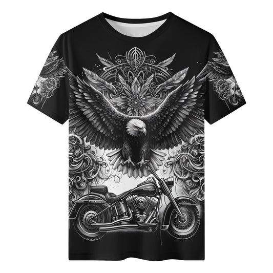 Soaring Eagle 100 Cotton T-Shirt by Loud and Lethal with eagle and motorcycle graphic on black unisex tee