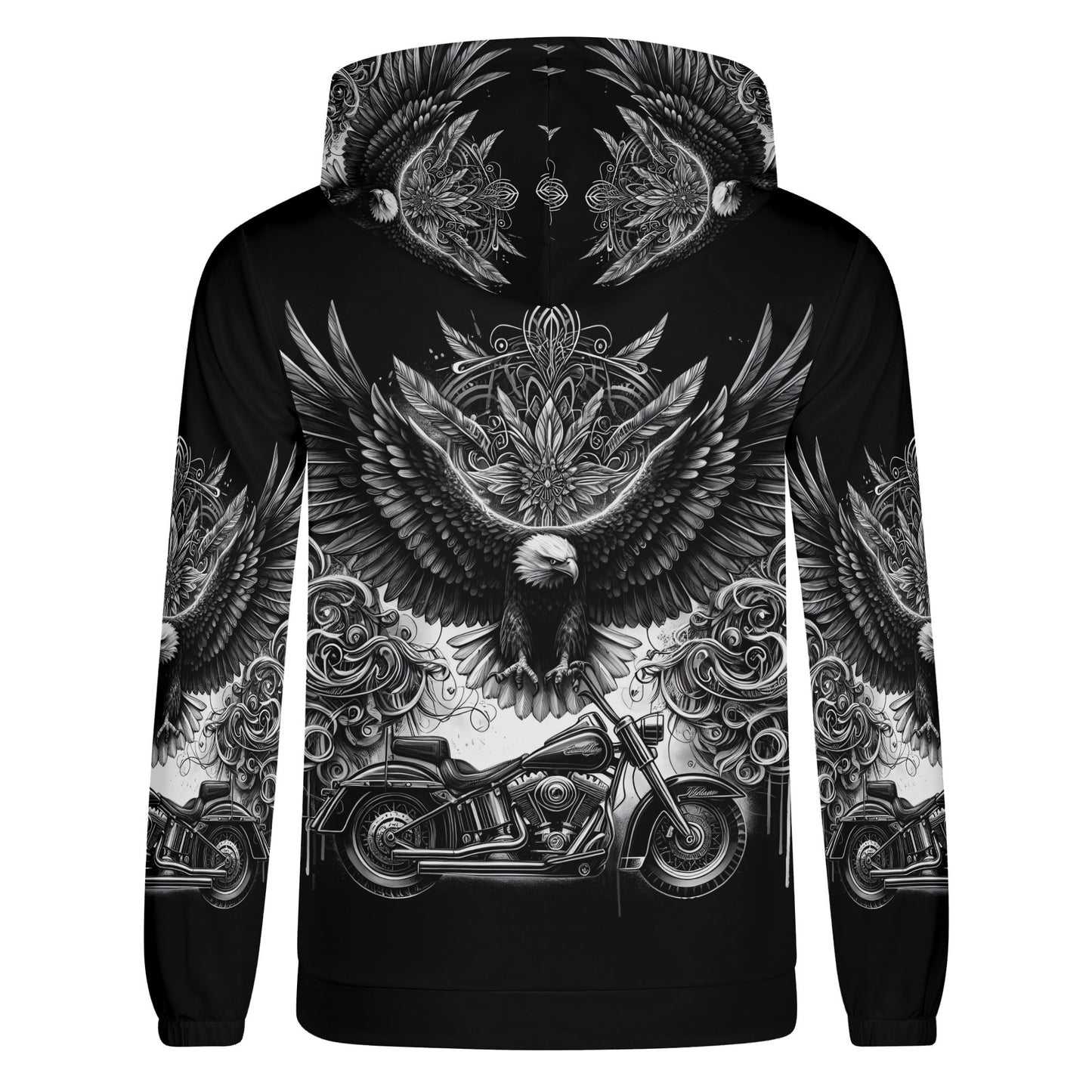 Soaring Eagle poly french terry biker hoodie by Loud and Lethal in black with eagle and motorcycle graphic