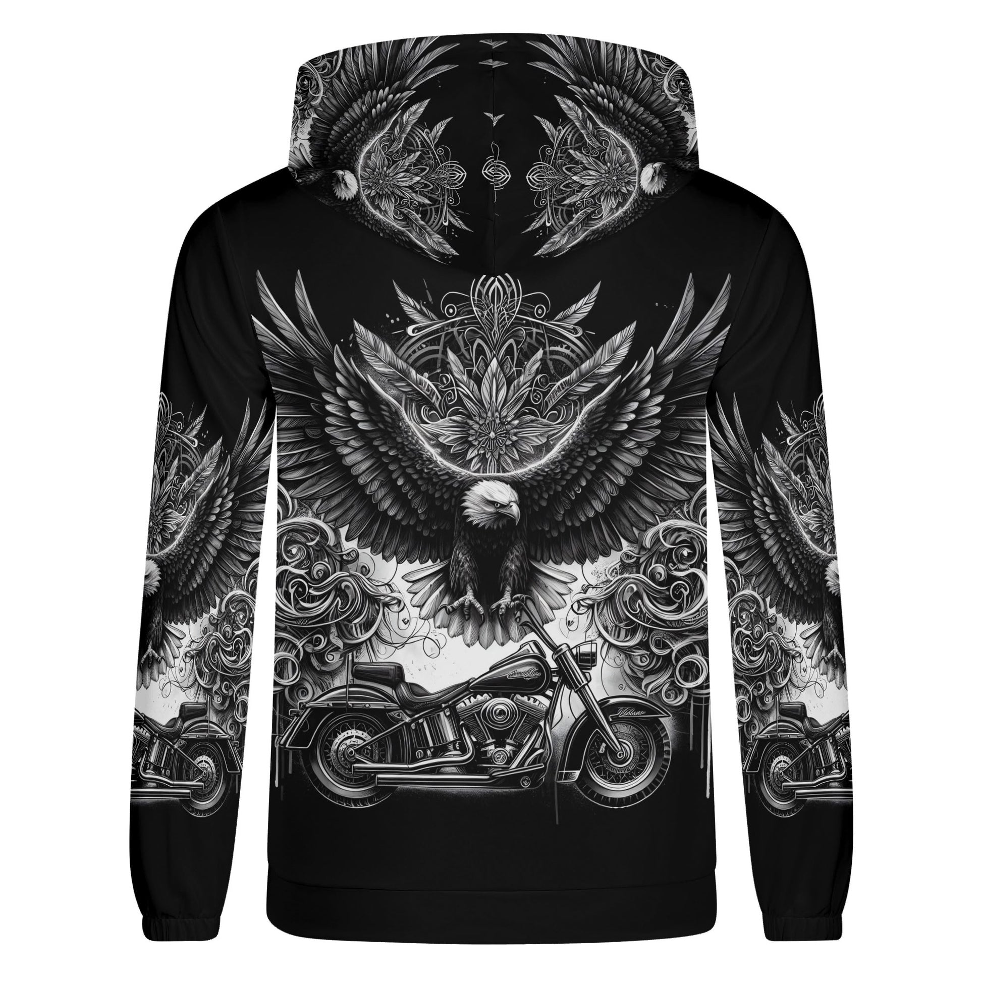 Soaring Eagle poly french terry biker hoodie by Loud and Lethal in black with eagle and motorcycle graphic