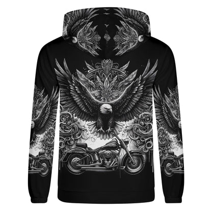 Soaring Eagle poly french terry biker hoodie by Loud and Lethal in black with eagle and motorcycle graphic