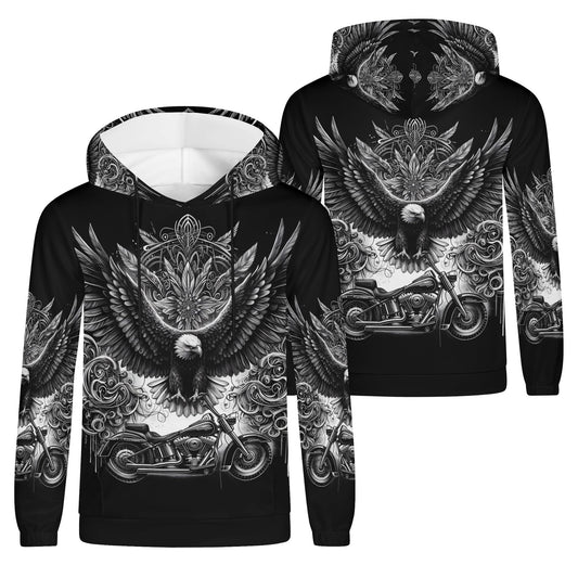Soaring Eagle poly french terry biker hoodie with black and white eagle and motorcycle design