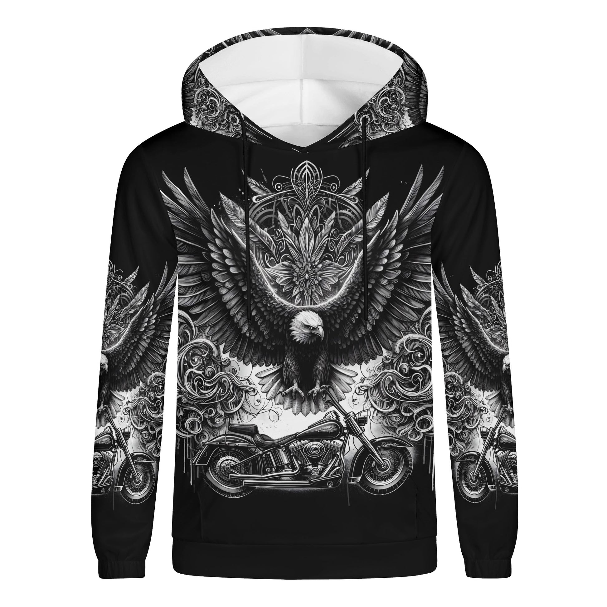 Loud and Lethal Soaring Eagle poly french terry biker hoodie with eagle and motorcycle design
