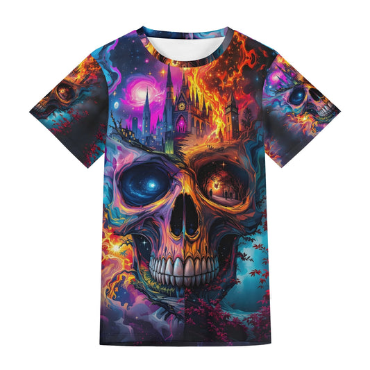 Soulfire Awakening Lycra T-Shirt by Loud and Lethal featuring vibrant skull and fiery fantasy castle design