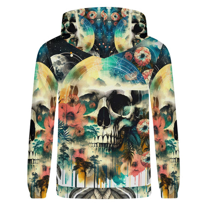 Spaced Out Skull cotton terry hoodie by Loud and Lethal featuring colorful skull and floral space design