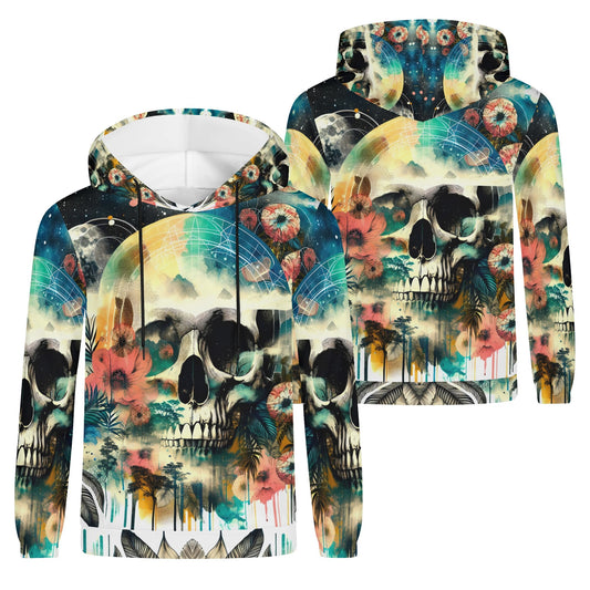 Spaced Out Skull cotton terry hoodie by Loud and Lethal featuring colorful skull and floral design
