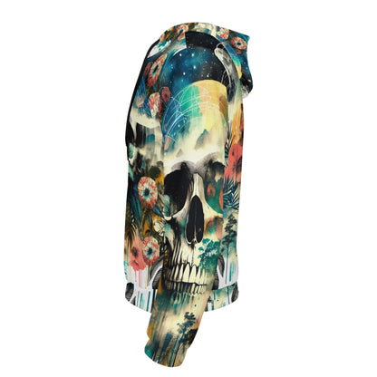 Spaced Out Skull cotton terry hoodie by Loud and Lethal with colorful skull and floral design