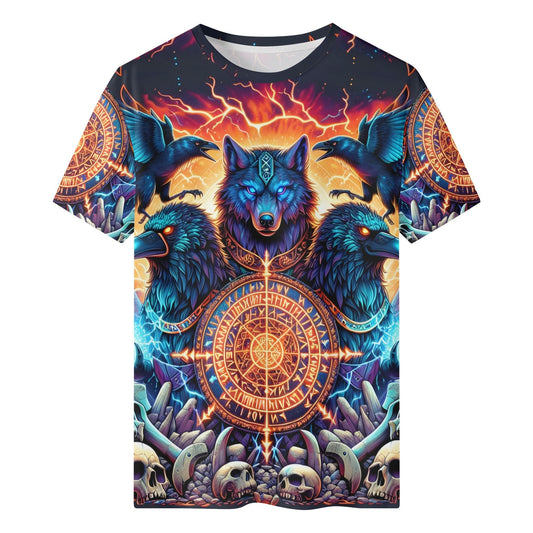 Spirit of the Forsaken Orange Org Cotton Kids Tee with vibrant wolf and raven design in electric colors