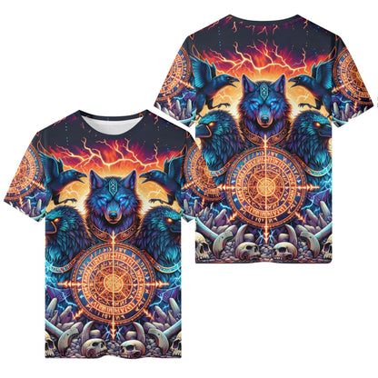 Spirit of the Forsaken Orange Org Cotton Kids Tee featuring blue wolf and raven graphic with mystical orange symbols