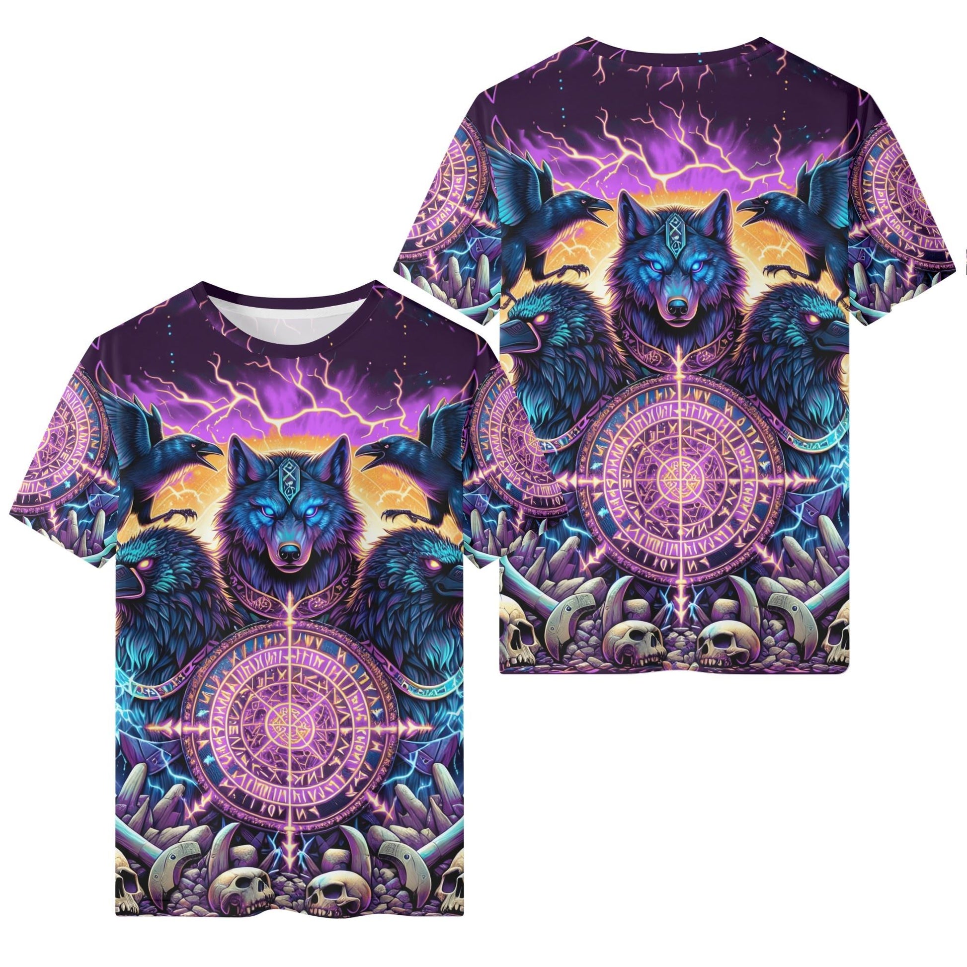 Spirit of the Forsaken purple Org Cotton Kids Tee with vibrant wolf and raven design on purple background