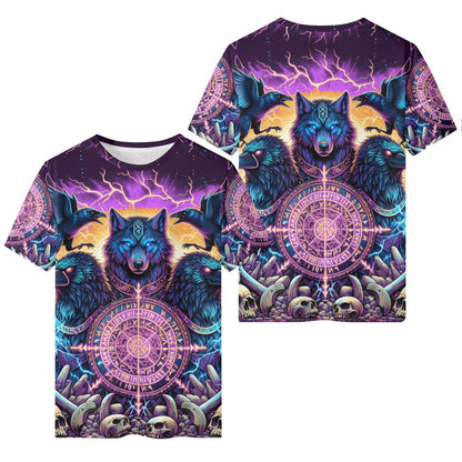 Spirit of the Forsaken purple Org Cotton Kids Tee with vibrant wolf and raven design on purple background