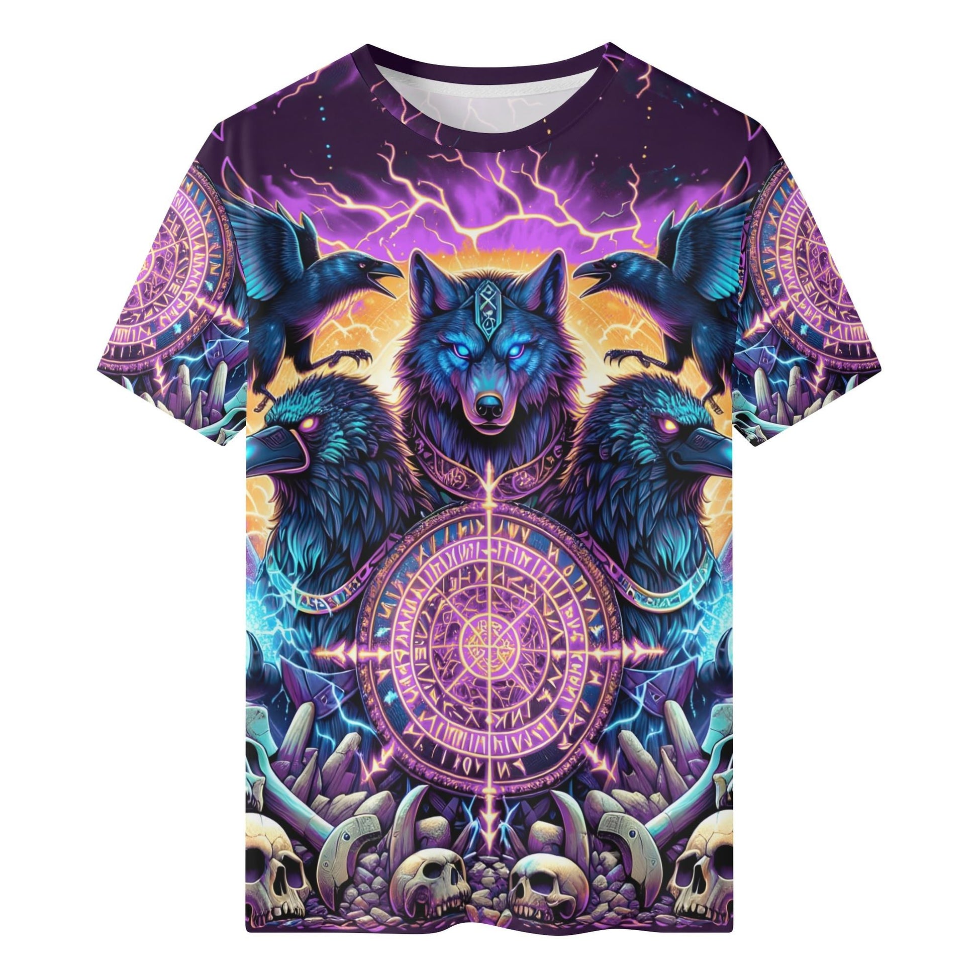 Spirit of the Forsaken purple Org Cotton Kids Tee featuring glowing wolf and raven design with skulls