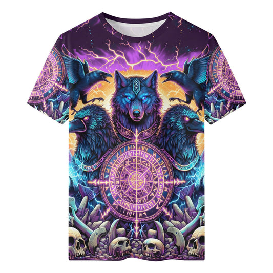 Spirit of the Forsaken purple Org Cotton Kids Tee featuring glowing wolf and raven design with skulls