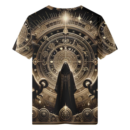 Starborn Ascendant Organic Cotton T-Shirt featuring mystical cosmic design with cloaked figure and celestial symbols