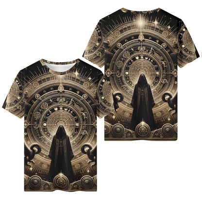 Starborn Ascendant Organic Cotton T-Shirt featuring cosmic hooded figure and intricate celestial design by Loud and Lethal