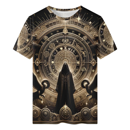 Starborn Ascendant Organic Cotton T-Shirt by Loud and Lethal featuring mystical hooded figure and celestial designs