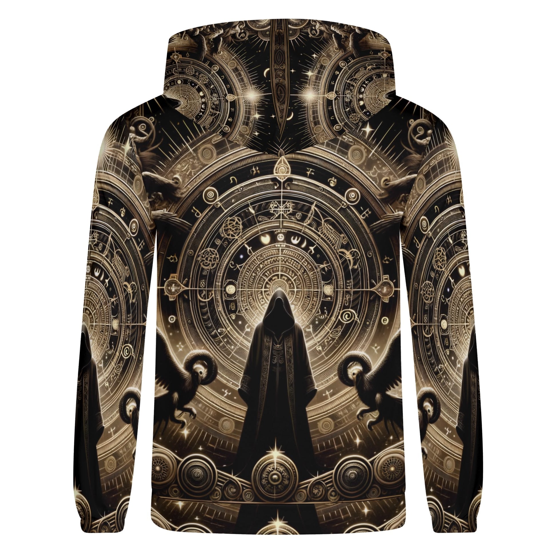 Starborn Ascendant Poly French Terry Hoodie with intricate cosmic design and hooded cloaked figure