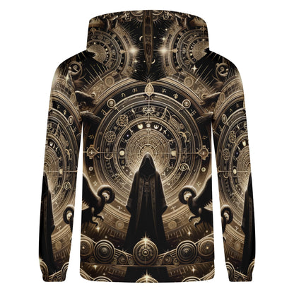 Starborn Ascendant Poly French Terry Hoodie with intricate cosmic design and hooded cloaked figure