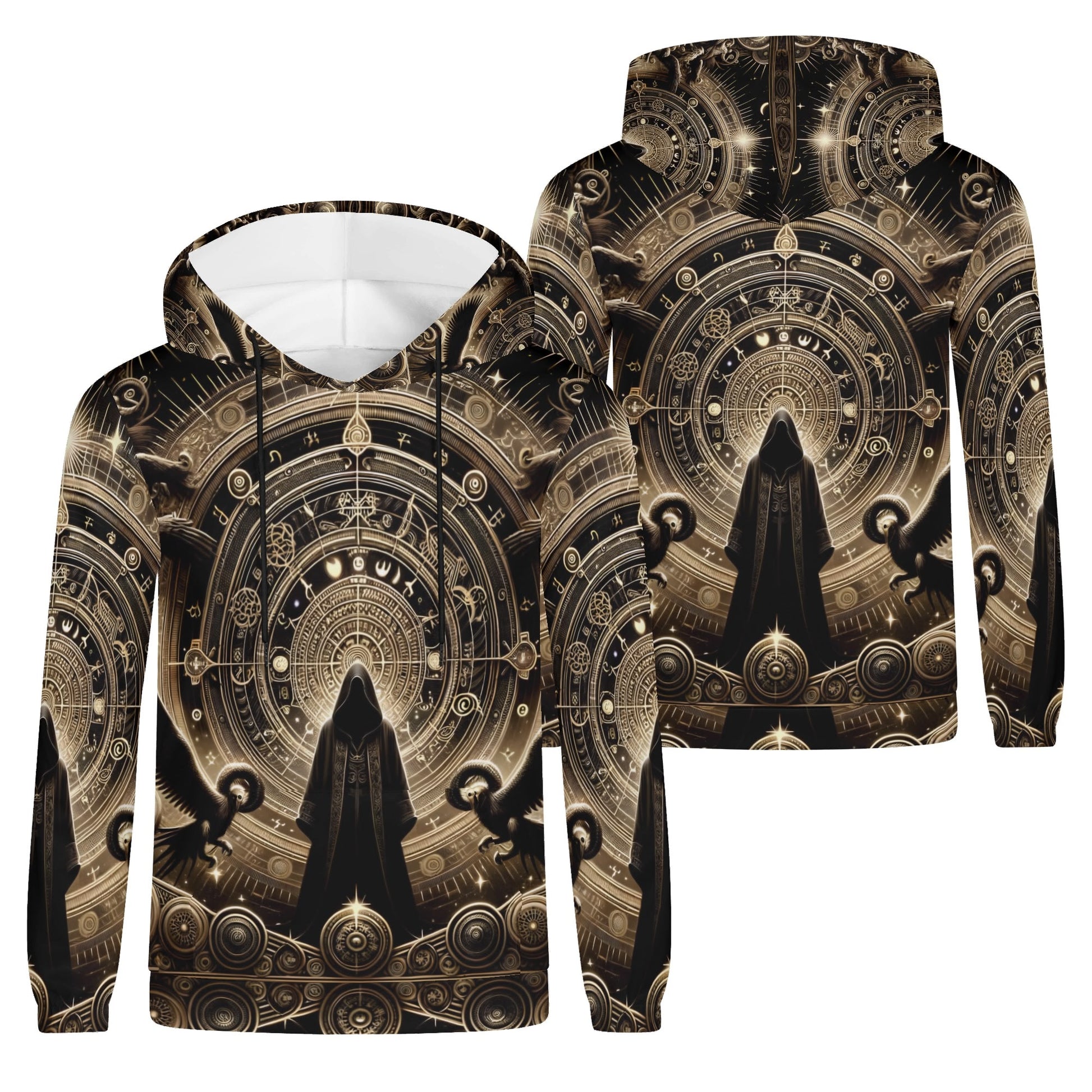 Starborn Ascendant Poly French Terry Hoodie by Loud and Lethal with cosmic dark hooded figure and intricate celestial design