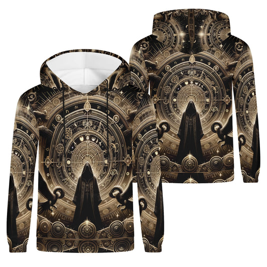 Starborn Ascendant Poly French Terry Hoodie by Loud and Lethal with cosmic dark hooded figure and intricate celestial design