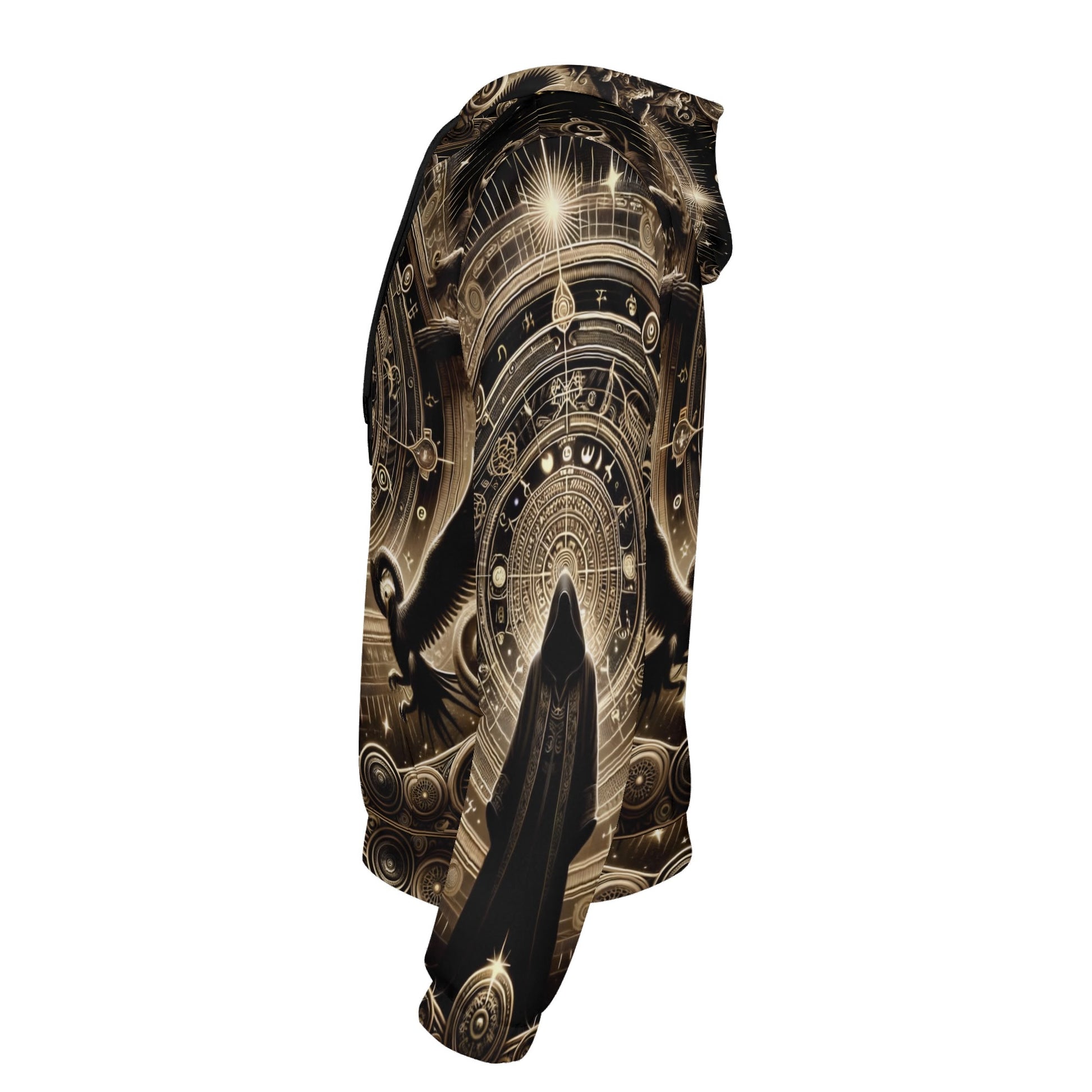Side view of Starborn Ascendant Poly French Terry Hoodie with intricate cosmic and celestial design by Loud and Lethal