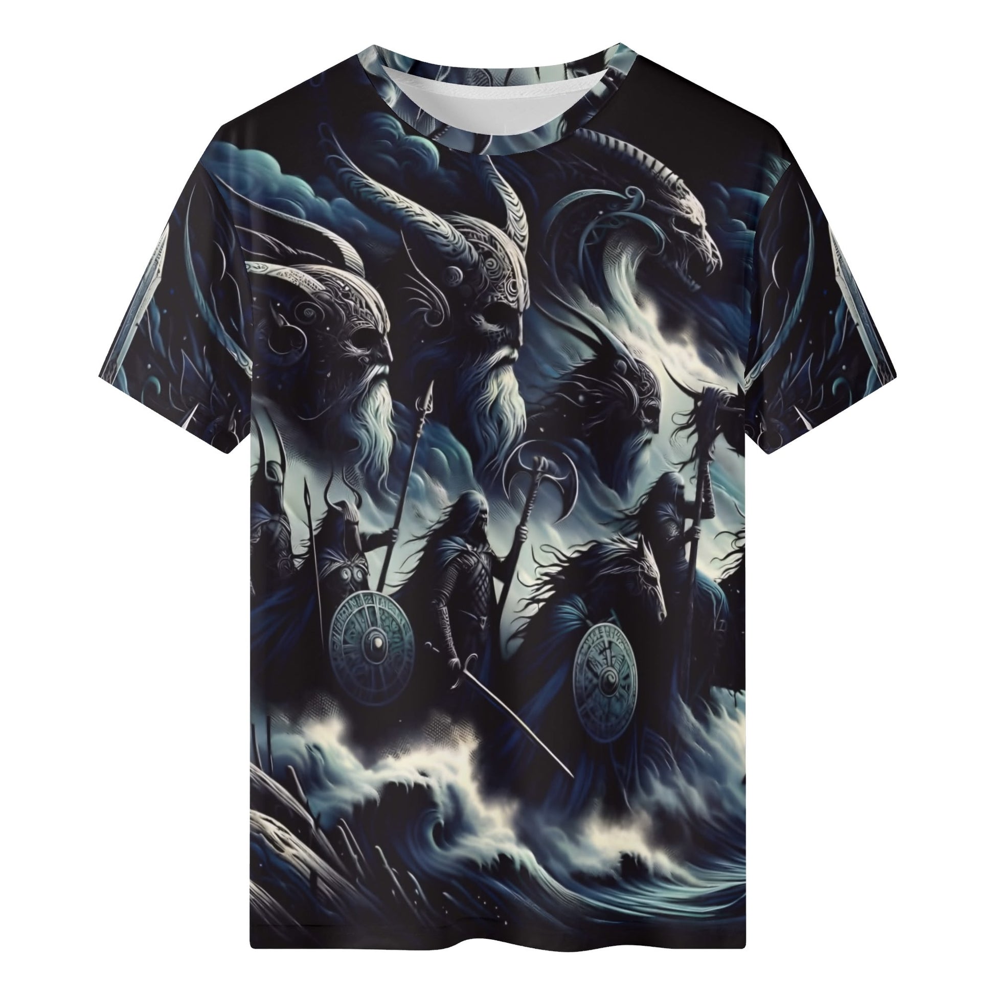 Storm Riders of the Divine Organic Cotton T-Shirt by Loud and Lethal with dark fantasy warrior and dragon design