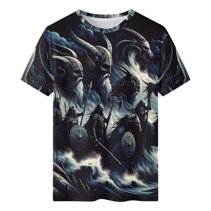 Storm Riders of the Divine Organic Cotton T-Shirt by Loud and Lethal with dark fantasy warrior and dragon design