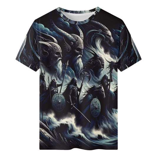 Storm Riders of the Divine Organic Cotton T-Shirt by Loud and Lethal with dark fantasy warrior and dragon design