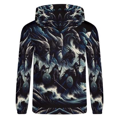 Storm Riders of the Divine Poly French Terry Hoodie by Loud and Lethal with dark mythological Viking warrior design