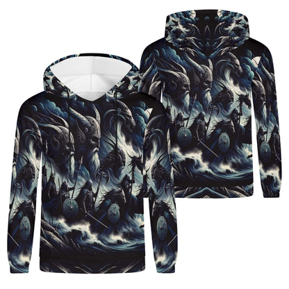 Storm Riders of the Divine Poly French Terry Hoodie by Loud and Lethal featuring dark fantasy warrior design