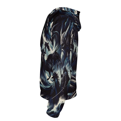 Storm Riders of the Divine Poly French Terry Hoodie by Loud and Lethal featuring dark fantasy art with riders and horses
