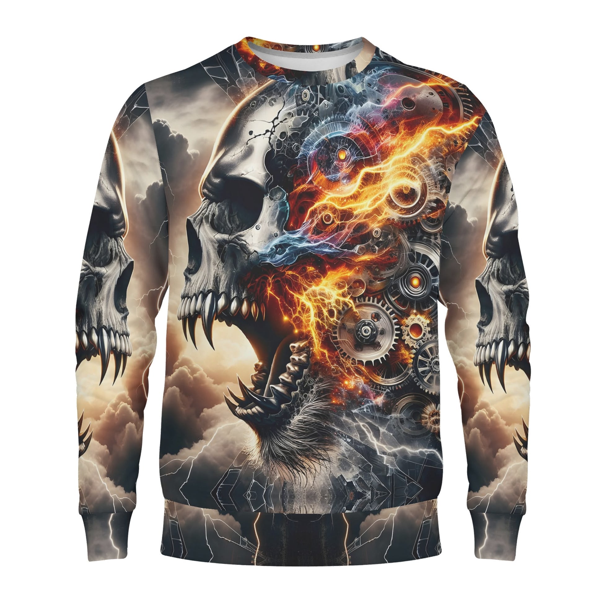 Bolt of the Ancients Poly French Terry Sweatshirt Loud and Lethal unisex skull with gears lightning flame graphic