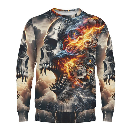 Bolt of the Ancients Poly French Terry Sweatshirt Loud and Lethal unisex skull with gears lightning flame graphic