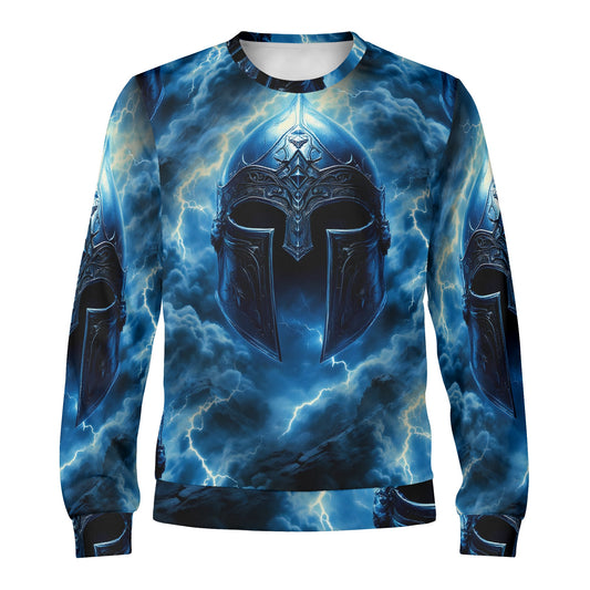 Loud and Lethal unisex sweater with blue lightning and battle helmet graphic Iron Tempest Poly French Terry Sweatshirt .