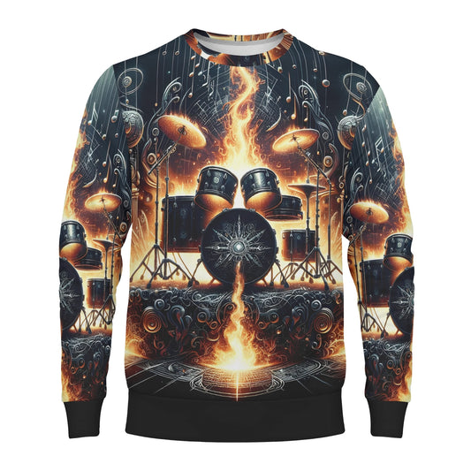 Loud and Lethal unisex sweater featuring a flaming drum kit graphic and black cuffs Firestorm Drums Poly French Terry Sweatshirt .