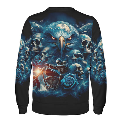 Ghost in the Wind Poly French Terry Sweatshirt Loud and Lethal unisex black with blue eagle skulls motorcycle rider roses