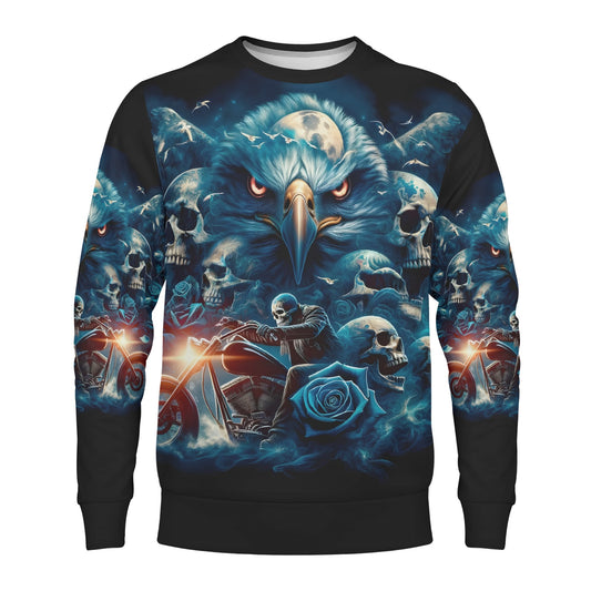 Loud and Lethal Ghost in the Wind Poly French Terry Sweatshirt unisex sweater featuring blue eagle skulls motorcycles and moon art