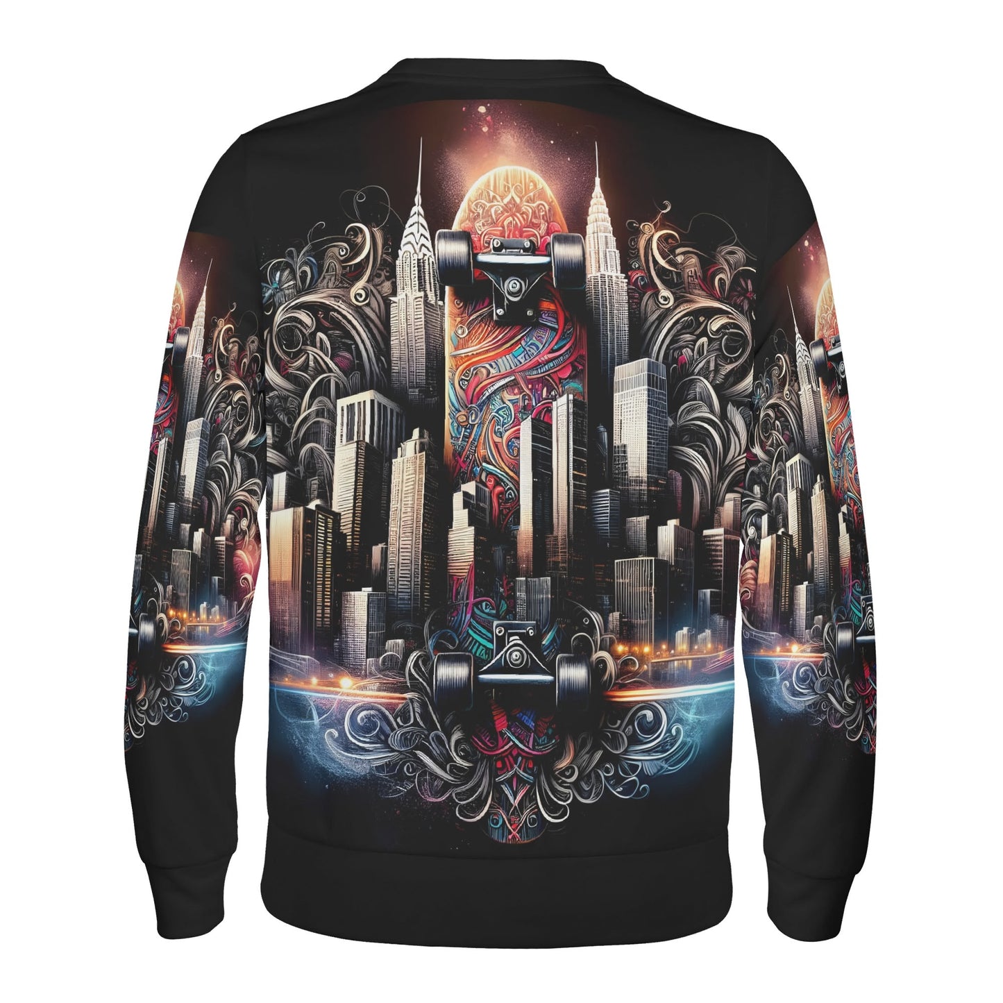 Loud and Lethal unisex sweatshirt with skateboard cityscape and ornate swirls on black City Skate Poly French Terry Sweatshirt