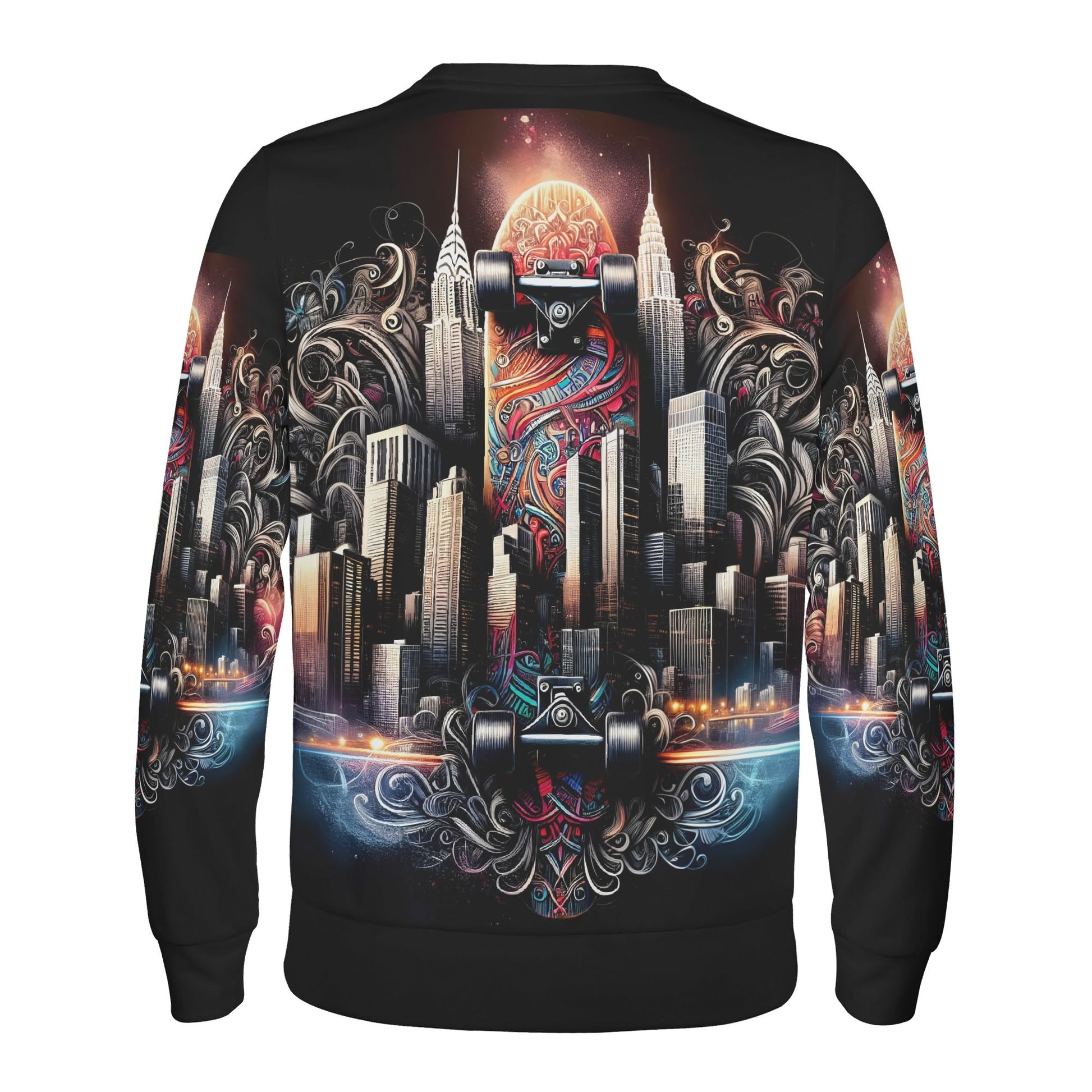 Loud and Lethal unisex sweatshirt with skateboard cityscape and ornate swirls on black City Skate Poly French Terry Sweatshirt