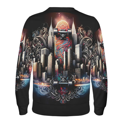 Loud and Lethal unisex sweatshirt with skateboard cityscape and ornate swirls on black City Skate Poly French Terry Sweatshirt
