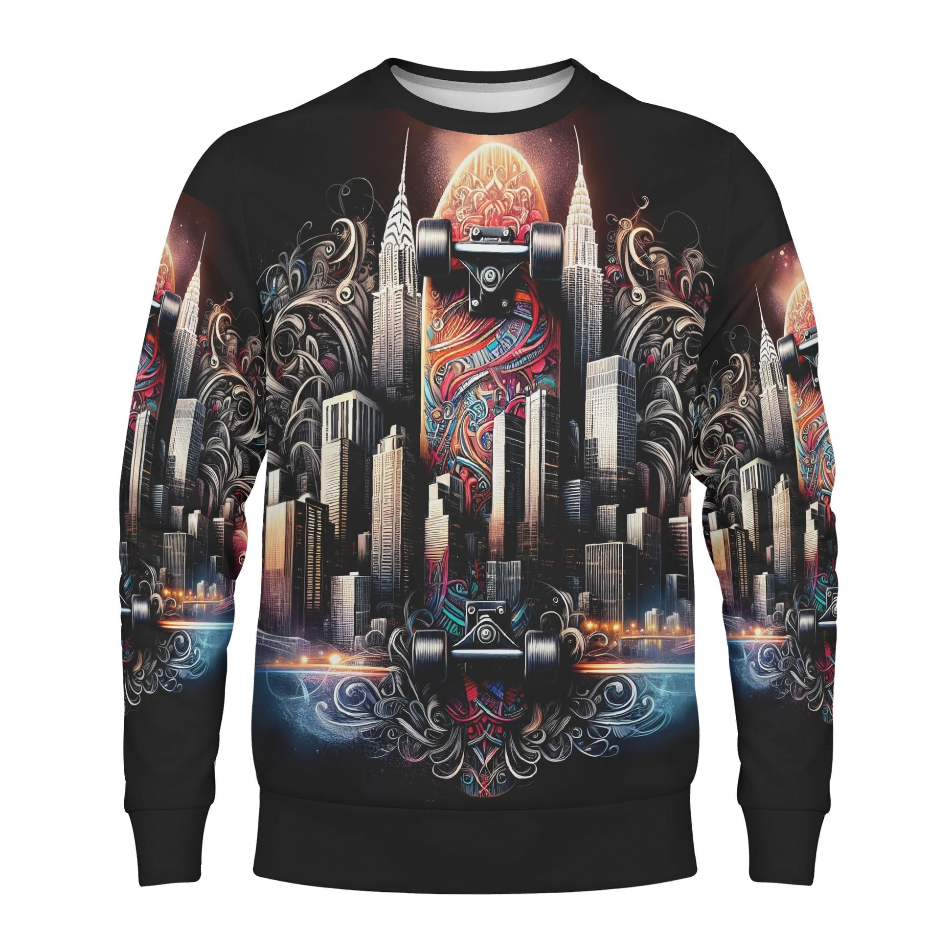Loud and Lethal unisex City Skate Poly French Terry Sweatshirt with black crewneck and colorful skateboard city graphic