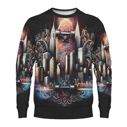 Loud and Lethal unisex City Skate Poly French Terry Sweatshirt with black crewneck and colorful skateboard city graphic