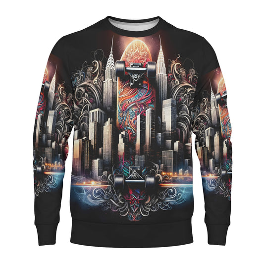 Loud and Lethal unisex City Skate Poly French Terry Sweatshirt with black crewneck and colorful skateboard city graphic
