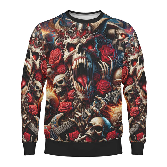 Loud and Lethal A Wild Dance in Flames Poly French Terry Sweatshirt unisex sweater with skulls roses and guitars